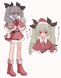 Rule 34 | 1girl, anchovy (girls und panzer), belt, black belt, black ribbon, boots, capelet, christmas, closed mouth, dress, drill hair, frown, fur-trimmed capelet, fur trim, girls und panzer, gloves, green hair, hair ribbon, hand on own hip, hat, holding, long hair, looking at viewer, multiple views, red capelet, red dress, red eyes, red footwear, red gloves, red headwear, ri (qrcode), ribbon, riding crop, santa boots, santa dress, santa gloves, santa hat, simple background, smile, standing, translated, twin drills, twintails, white background