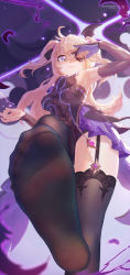 Rule 34 | 1girl, ahoge, armpits, asymmetrical legwear, black dress, black pantyhose, black thighhighs, blonde hair, breasts, commentary request, detached sleeves, dress, eye trail, feathers, feet, fischl (genshin impact), foot focus, from below, garter straps, genshin impact, gloves, green eyes, hair ribbon, highres, icecake, light trail, long hair, long sleeves, looking at viewer, no shoes, pantyhose, ribbon, single glove, single leg pantyhose, single thighhigh, small breasts, soles, solo, thighhighs, two side up
