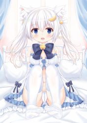 Rule 34 | 1girl, absurdres, animal ear fluff, animal ears, babydoll, bed, blue eyes, blush, bow, breasts, cameltoe, cat ears, choker, cleft of venus, day, detached sleeves, fang, frills, hair between eyes, hair ornament, highres, huge filesize, knees up, kurashina yuzuki, long hair, looking at viewer, medium breasts, navel, on bed, open mouth, original, panties, pillow, sitting, soles, solo, thighhighs, thighs, twintails, underwear, white hair, white theme, white thighhighs