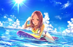 Rule 34 | 10s, 1girl, adjusting hair, afloat, arm support, arm up, artist request, bangle, bead bracelet, beads, bent over, bikini, bikini bottom only, bird, black bikini, blue sky, blush, bracelet, brown eyes, brown hair, caustics, cloud, cloudy sky, copyright name, day, dot nose, dripping, dutch angle, eyes visible through hair, floral print, hair over shoulder, horizon, idolmaster, idolmaster cinderella girls, idolmaster cinderella girls starlight stage, jewelry, lens flare, lips, long hair, long sleeves, looking at viewer, mountainous horizon, official art, one eye closed, open mouth, outdoors, print bikini, rash guard, sawada marina, seagull, side-tie bikini bottom, sky, solo, sparkle, straddling, string bikini, sun, sunlight, surfboard, surfing, swimsuit, taut clothes, taut swimsuit, thighs, turtleneck, wavy hair, wet