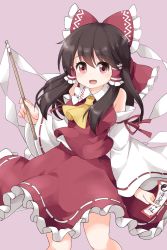 Rule 34 | 1girl, :d, arm garter, ascot, bad id, bad twitter id, black hair, blush, bow, cowboy shot, detached sleeves, gohei, hair bow, hair tubes, hakurei reimu, highres, japanese clothes, long hair, long sleeves, looking at viewer, miko, ofuda, one-hour drawing challenge, open mouth, red bow, red eyes, red ribbon, red shirt, red skirt, ribbon, ribbon-trimmed sleeves, ribbon trim, ruu (tksymkw), shirt, skirt, skirt set, smile, solo, touhou, wide sleeves