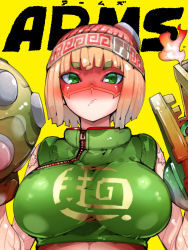 Rule 34 | 1girl, arms (game), beanie, blonde hair, blunt bangs, blush, breasts, chinese clothes, domino mask, facepaint, food, green eyes, hat, highres, knit hat, pantyhose under shorts, looking at viewer, mask, min min (arms), nintendo, noodles, pantyhose, short hair, shorts, solo, takayama toshinori