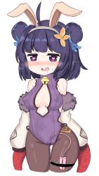 Rule 34 | 1girl, :d, ahoge, animal ears, azur lane, bailingxiao jiu, blush, breasts, breasts apart, brown flower, brown pantyhose, cleavage cutout, clothing cutout, commentary request, covered erect nipples, cowboy shot, cropped legs, double bun, drooling, flower, fur-trimmed jacket, fur trim, hair bun, hair flower, hair ornament, hairband, heart, heart-shaped pupils, highres, jacket, leotard, long sleeves, medium breasts, ning hai (azur lane), ning hai (moon palace rabbit) (azur lane), nose blush, off shoulder, open mouth, pantyhose, puffy long sleeves, puffy sleeves, purple eyes, purple hair, purple leotard, rabbit ears, remote control vibrator, saliva, sex toy, side bun, simple background, sleeves past fingers, sleeves past wrists, smile, solo, sweat, symbol-shaped pupils, thigh gap, vibrator, vibrator under clothes, white background, white hairband, white jacket