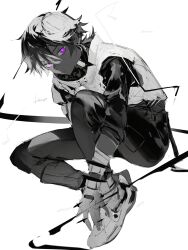 Rule 34 | 1boy, absurdres, arlan (honkai: star rail), artist name, closed mouth, doveop, earrings, expressionless, full body, gloves, greyscale, hair between eyes, highres, honkai: star rail, honkai (series), jewelry, looking at viewer, male focus, monochrome, purple eyes, shoes, short ponytail, sidelocks, simple background, sketch, solo, spot color, white background