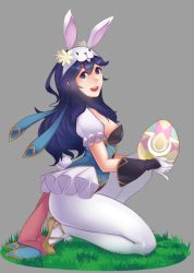 Rule 34 | 1girl, animal ears, animal hat, blue eyes, breasts, easter, egg, fire emblem, fire emblem awakening, fire emblem heroes, full body, gloves, grey background, hat, kneeling, long hair, looking at viewer, lucina (fire emblem), lucina (spring) (fire emblem), magecatto, medium breasts, nintendo, official alternate costume, on one knee, open mouth, pantyhose, purple hair, rabbit ears, rabbit girl, rabbit tail, scarf, sideboob, smile, solo, tail, thighs, white pantyhose