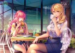 Rule 34 | 2girls, ^ ^, ^o^, ahoge, bare shoulders, belt, black belt, blonde hair, blue skirt, breasts, burger, closed eyes, commentary request, cup, denim, denim shorts, eating, closed eyes, food, fries, glasses, holding, holding cup, holding food, large breasts, long hair, looking at viewer, milcho, mole, mole under eye, multiple girls, off-shoulder shirt, off shoulder, original, outdoors, pink hair, shirt, shoal, shorts, sitting, skirt, sleeveless, sleeveless shirt, soda, yellow eyes