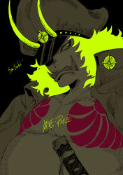 Rule 34 | 1boy, bare pectorals, belly, chest tattoo, coat, coat on shoulders, fat, fat man, green eyes, green hair, hat, high collar, highres, horns, larugo0513, long hair, looking to the side, male focus, one eye covered, one piece, oni, partially colored, pectorals, sailor hat, sasaki (one piece), sharp teeth, sword, tattoo, teeth, weapon