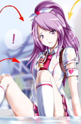 Rule 34 | !, 10s, 1girl, armband, arrow (projectile), blush, c-wing, gunslinger stratos, hair ribbon, heart, highres, katagiri kyouka, long hair, partially submerged, ponytail, purple eyes, purple hair, ribbon, safety pin, school uniform, skirt, solo, water, wet, wet clothes