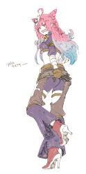 Rule 34 | 1girl, abyss chaser (ragnarok online), ahoge, ass, backless pants, blue hair, breasts, brown gloves, commentary request, cone hair bun, crop top, from behind, full body, gloves, gradient hair, grin, hair bun, high heels, long hair, looking at viewer, looking back, mask, mask on head, medium breasts, multicolored hair, orange eyes, pants, pink hair, purple shirt, purple shorts, ragnarok online, red footwear, shirt, short shorts, shorts, simple background, smile, solo, standing, tokio (okt0w0), white background
