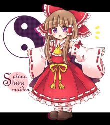 Rule 34 | 1girl, ascot, bow, brown footwear, brown hair, cosplay, detached sleeves, frilled bow, frilled skirt, frills, hair bow, hair tubes, hakurei reimu, hakurei reimu (cosplay), looking at viewer, nishida satono, open mouth, outstretched arms, pote (ptkan), purple eyes, red bow, red shirt, red skirt, ribbon-trimmed sleeves, ribbon trim, shirt, skirt, socks, solo, spread arms, tassel, touhou, white socks, wide sleeves, yellow ascot, yin yang