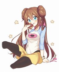 Rule 34 | 1girl, :q, arm support, blue eyes, blush, bow, breasts, brown hair, brown pantyhose, closed mouth, commentary, creatures (company), double bun, doughnut, eyelashes, food, food on face, game freak, hair between eyes, hair bun, highres, holding, long hair, nintendo, pantyhose, pantyhose under shorts, pink bow, pokemon, pokemon bw2, raglan sleeves, rosa (pokemon), shirt, shorts, sitting, smile, snowsakurachan, solo, star (symbol), tongue, tongue out, twintails, yellow shorts
