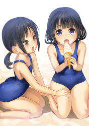 Rule 34 | 2girls, absurdres, barefoot, black hair, blue eyes, blush, brown eyes, brown hair, eating, fang, food, food on face, hand on another&#039;s thigh, highres, ice cream, ice cream cone, ice cream on face, km (nijie104352), multiple girls, one-piece swimsuit, open mouth, original, ponytail, purple eyes, sand, school swimsuit, seiza, short hair, sitting, soft serve, swimsuit, wariza