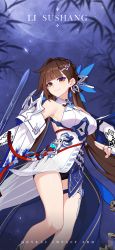 Rule 34 | 1girl, bare shoulders, breasts, brown eyes, brown hair, chinese clothes, clothing cutout, hair ornament, highres, holding, holding sword, holding weapon, honkai (series), honkai impact 3rd, li sushang, li sushang (jade knight), long hair, looking at viewer, official art, solo, sword, thighs, weapon