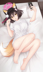 Rule 34 | 1girl, absurdres, animal ears, barefoot, bed, bedroom, blue archive, blush, bottomless, brown hair, cellphone, commentary request, fox ears, fox girl, fox tail, full body, hair ornament, highres, holding, holding phone, indoors, izuna (blue archive), karurega, no panties, on bed, parted lips, phone, pom pom (clothes), pom pom hair ornament, shirt, short hair, short sleeves, smartphone, solo, t-shirt, tail, white shirt, yellow eyes