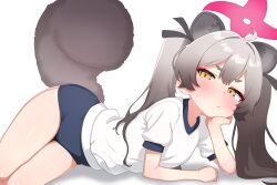 Rule 34 | 1girl, animal ears, black buruma, blue archive, blush, buruma, closed mouth, extra ears, grey hair, gym shirt, gym uniform, halo, hand on own chin, head rest, highres, long hair, looking at viewer, lying, michiru (blue archive), mingkozus, on side, pink halo, raccoon ears, raccoon tail, shirt, short sleeves, simple background, solo, tail, twintails, white background, white shirt, yellow eyes