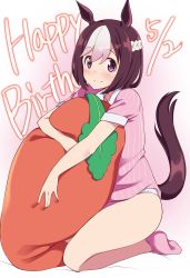 Rule 34 | 1girl, a9b (louis814), absurdres, animal ears, bed sheet, blush, brown hair, carrot-shaped pillow, closed mouth, commentary, dated, english text, hachimaki, hairband, happy birthday, headband, highres, holding, holding pillow, horse ears, horse girl, horse tail, kneeling, looking at viewer, multicolored hair, no pants, on bed, panties, pillow, pink background, pink shirt, pink socks, shirt, short hair, short sleeves, smile, socks, solo, special week (umamusume), striped clothes, striped shirt, tail, two-tone hair, umamusume, underwear, vertical-striped clothes, vertical-striped shirt, white hairband, white headband, white panties
