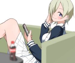 Rule 34 | 1girl, blonde hair, blurry, blurry foreground, blush, breasts, cellphone, closed mouth, commentary request, couch, earphones, hair over one eye, holding, holding phone, jacket, liz (piyoko piyop), long hair, looking at viewer, love live!, love live! nijigasaki high school idol club, medium breasts, mia taylor, nijigasaki academy school uniform, on couch, one eye covered, open clothes, open jacket, phone, purple eyes, school uniform, shirt, short hair, skirt, smartphone, smile, soda bottle, solo, upper body, white background, white jacket, white shirt, white skirt, winter uniform