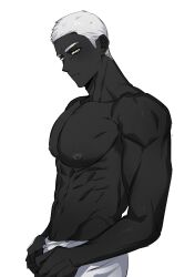 Rule 34 | 1boy, abs, absurdres, bara, black skin, check copyright, colored skin, copyright request, cowboy shot, expressionless, from side, gonggye hs, highres, large pectorals, looking at viewer, male focus, muscular, muscular male, nipples, original, pectorals, short hair, solo, standing, thick eyebrows, topless male, tsurime, white hair