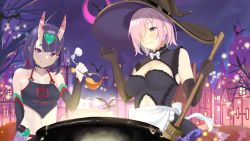 Rule 34 | absurdres, alternate costume, apron, bare shoulders, bat (animal), breasts, broom, cauldron, cleavage, cleavage cutout, clothing cutout, dress, eyeliner, fate/grand order, fate (series), hair ornament, halloween, hat, highres, horns, large breasts, looking at viewer, maid, maid apron, makeup, mash kyrielight, moon, navel, oni, pink hair, purple hair, quatthro, short hair, shuten douji (fate), shuten douji (fate/grand order), shuten douji (halloween caster) (fate), skin-covered horns, small breasts, smile, town, witch, witch hat