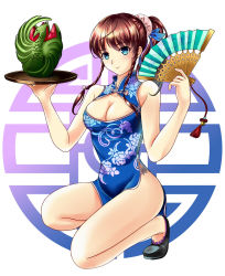 Rule 34 | 1girl, airfly (oranrei), bare shoulders, blue dress, blue eyes, braid, breasts, brown hair, bun cover, china dress, chinese clothes, cleavage, cleavage cutout, clothing cutout, dress, female focus, flats, folding fan, food, food art, fruit, hand fan, large breasts, long hair, on one knee, ponytail, side braid, side slit, sleeveless, sleeveless dress, solo, tray, twin braids, watermelon, white background