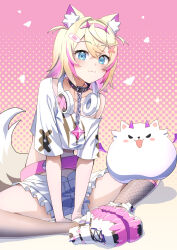 Rule 34 | 1girl, :3, animal ear fluff, animal ears, belt, belt collar, black collar, blonde hair, blue eyes, blush, breasts, collar, cropped shirt, dog ears, dog girl, dog tail, frilled shorts, frills, hair ornament, headphones, headphones around neck, highres, hololive, hololive english, medium hair, mococo abyssgard, mococo abyssgard (1st costume), multicolored hair, outerrace ik, perroccino (fuwamoco), pink belt, pink hair, shirt, shoes, short shorts, shorts, single fishnet legwear, small breasts, smile, sneakers, spiked collar, spikes, streaked hair, tail, virtual youtuber, white footwear, white shirt, white shorts, x hair ornament