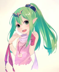 Rule 34 | 1girl, :d, bare shoulders, blush, bracelet, dragon girl, dress, fire emblem, fire emblem: mystery of the emblem, gloves, green eyes, green hair, hair ornament, jewelry, long hair, looking at viewer, matching hair/eyes, necklace, nintendo, open mouth, pointy ears, ponytail, scarf, shirai tanuki, single glove, smile, solo, strapless, strapless dress, tiki (fire emblem), tiki (young) (fire emblem)