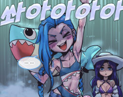 Rule 34 | ..., 2girls, :d, arm tattoo, arm up, bikini, black hair, blue hair, blush, braid, breasts, caitlyn (league of legends), cleavage, closed eyes, collarbone, jinx (league of legends), korean commentary, league of legends, long hair, looking at another, medium breasts, multiple girls, navel, official alternate costume, open mouth, phantom ix row, pool party caitlyn, rain, shaded face, small breasts, smile, speech bubble, swimsuit, tattoo, teeth, twin braids, upper teeth only, v-shaped eyebrows, white headwear