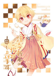 Rule 34 | 1boy, blonde hair, blush, child, child gilgamesh (fate), chinese zodiac, fate/grand order, fate (series), gilgamesh (fate), hair between eyes, highres, japanese clothes, looking at viewer, male focus, new year, red eyes, smile, solo, soumen nigoki, year of the rat