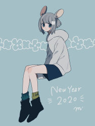 Rule 34 | 1girl, 2020, animal ears, asymmetrical legwear, blue background, blush stickers, boots, full body, grey hair, highres, hood, hood down, hoodie, invisible chair, long sleeves, looking at viewer, maco22, mismatched legwear, mouse ears, mouse girl, new year, original, short hair, shorts, sitting, smile, socks, solo