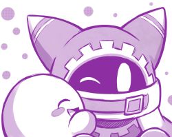 Rule 34 | ;), ^ ^, bad id, bad pixiv id, belt, blush stickers, buckle, cloak, closed eyes, gias-ex-machella, hat, hood, kirby, kirby (series), magolor, monochrome, nintendo, no humans, one eye closed, open mouth, purple theme, simple background, smile, white background, wink