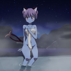 Rule 34 | 1girl, :3, alternate color, alternate hairstyle, animal ears, blue skin, blush, breasts, cat ears, cat tail, cato (monocatienus), collarbone, colored skin, covered erect nipples, covering privates, dark, kaenbyou rin, large breasts, looking at viewer, multiple tails, naked towel, navel, nekomata, nude cover, onsen, partially submerged, purple eyes, short hair, sitting, smile, soaking feet, solo, steam, tail, touhou, towel, two tails, water