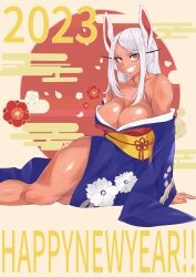 Rule 34 | 1girl, 2023, :d, absurdres, animal ears, bare legs, bare shoulders, blue kimono, boku no hero academia, breasts, chinese zodiac, cleavage, collarbone, dark-skinned female, dark skin, female focus, floral print, grin, happy new year, highres, japanese clothes, kimono, large breasts, long eyelashes, long hair, looking at viewer, lying, mirko, new year, obi, off shoulder, omanju25, on side, open mouth, parted bangs, rabbit ears, rabbit girl, red eyes, sash, shiny skin, sitting, smile, solo, thick thighs, thighs, white hair, year of the rabbit