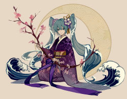 Rule 34 | 1girl, absurdres, alternate costume, blue eyes, blue flower, blue hair, closed mouth, crescent, floral print, flower, hair flower, hair ornament, hatsune miku, highres, holding, japanese clothes, kazenemuri, kimono, liquid hair, long hair, long sleeves, looking at viewer, obi, pink background, print kimono, purple flower, purple kimono, sash, seiza, sitting, smile, solo, tassel, very long hair, vocaloid, wide sleeves
