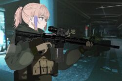 1girl ar-15 assault_rifle blonde_hair blue_eyes blue_hair brown_jacket bulletproof_vest closed_mouth eotech escape_from_tarkov girls&#039;_frontline gun highres holding holding_weapon horse_girl indoors jacket long_hair long_sleeves multicolored_hair reflex_sight reisenzero rifle screenshot_background sidelocks solo st_ar-15_(girls&#039;_frontline) streaked_hair weapon