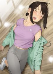 Rule 34 | 1girl, blush, brand name imitation, breasts, brown hair, closed eyes, commentary request, douki-chan (douki-chan), exhausted, ganbare douki-chan, green jacket, grey pants, high-waist pants, highres, jacket, lying, medium breasts, messy hair, nike (company), on back, on floor, open mouth, pants, pink shirt, shirt, shoes, short hair, sneakers, solo, sweat, teeth, upper teeth only, white footwear, yoga pants, yomu (sgt epper)
