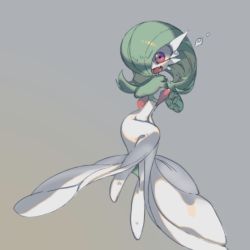 Rule 34 | 1girl, bob cut, colored skin, creatures (company), crying, fang, female focus, flat chest, game freak, gardevoir, gen 3 pokemon, gradient background, green hair, green skin, grey background, hair over one eye, hands up, leg up, looking down, lowres, medium hair, multicolored skin, nintendo, open mouth, oyama yoihaya, pokemon, pokemon (creature), red eyes, simple background, skin fang, solo, standing, standing on one leg, surprised, tears, two-tone skin, v-shaped eyebrows, white skin, wide-eyed