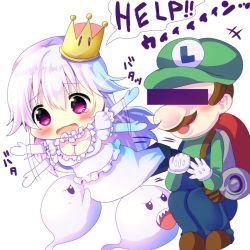 Rule 34 | +++, 1boy, 1girl, afterimage, backpack, bag, blue overalls, blush, boo (mario), breasts, brown footwear, censored, chibi, chocolat (momoiro piano), cleavage, commentary request, crown, dress, elbow gloves, english text, flailing, flat cap, gloves, green hat, green shirt, hair between eyes, hat, identity censor, large breasts, long hair, long sleeves, luigi, luigi&#039;s mansion, mario (series), mini crown, new super mario bros. u deluxe, nintendo, open mouth, overalls, poltergust 3000, princess king boo, puffy short sleeves, puffy sleeves, purple eyes, sharp teeth, shirt, short sleeves, silver hair, simple background, squatting, super crown, sweat, tears, teeth, tilted headwear, translation request, vacuum cleaner, very long hair, white background, white dress, white gloves