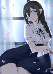 Rule 34 | 1girl, absurdres, ahoge, aoyashio rin, arm at side, arm support, black ribbon, black skirt, blue eyes, braid, breasts, brown hair, buttons, collared shirt, corset, cowboy shot, curtains, eyelashes, fingernails, hair between eyes, hair flaps, hair ornament, hair over shoulder, hair tie, hand up, head tilt, high-waist skirt, highres, holding, holding clothes, holding skirt, indoors, kantai collection, legs together, long fingernails, long hair, looking at viewer, medium breasts, neck ribbon, night, parted lips, petals, puffy short sleeves, puffy sleeves, ribbon, shigure (kancolle), shirt, short sleeves, sidelocks, signature, single braid, sitting, skirt, solo, teeth, white shirt, window, wing collar