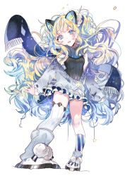 Rule 34 | 1girl, animal ears, bad id, bad pixiv id, blonde hair, blue eyes, boots, cat ears, full body, long hair, looking at viewer, parted lips, piyo (ppotatto), seeu, simple background, single thighhigh, solo, teeth, thighhighs, vocaloid, white background
