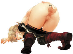 Rule 34 | 10s, 1boy, anus, ass, bad id, bad pixiv id, barnaby brooks jr., bent over, blonde hair, blush, censored, clothes pull, cum, full body, glasses, green eyes, looking back, lube, male focus, mihara (081mhrs), pants, pants pull, presenting, short hair, simple background, solo, spread anus, testicles, tiger &amp; bunny, top-down bottom-up, white background