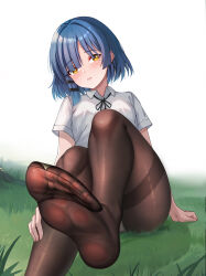 Rule 34 | 1girl, absurdres, black ribbon, blue hair, blush, bocchi the rock!, breasts, brown pantyhose, closed mouth, collared shirt, feet, fine fabric emphasis, foot focus, foot out of frame, grass, highres, large breasts, legs, looking at viewer, medium hair, mole, mole under eye, neck ribbon, no shoes, on grass, panties, panties under pantyhose, pantyhose, reiku09, ribbon, school uniform, see-through, see-through legwear, shimokitazawa high school uniform, shirt, short sleeves, sitting, soles, solo, thighband pantyhose, toenails, toes, underwear, white panties, white shirt, yamada ryo, yellow eyes