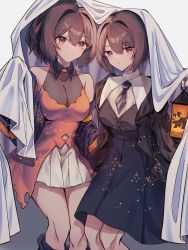 Rule 34 | 2girls, alternate costume, black skirt, breasts, brown hair, cleavage, commentary, dress, hair between eyes, halloween, halloween costume, high-waist skirt, highres, holding, holding lantern, hyuuga (kancolle), ise (kancolle), kantai collection, kazeshio, lantern, large breasts, looking at viewer, multiple girls, necktie, orange dress, ponytail, red eyes, see-through, see-through cleavage, short hair, simple background, skirt, symbol-only commentary
