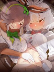 Rule 34 | 2girls, abs, absurdres, animal ears, arm around waist, blush, bow, bowtie, bra, breasts, brown hair, buttons, closed mouth, commentary request, elbow gloves, european hare (kemono friends), fur collar, furrowed brow, gloves, grey hair, hair over one eye, hairband, hand on another&#039;s stomach, hand on another&#039;s waist, highres, horizontal pupils, kedama (ughugjydthjdf), kemono friends, large breasts, light brown hair, long bangs, looking at viewer, medium hair, mountain hare (kemono friends), multicolored hair, multiple girls, navel, nose blush, off-shoulder shirt, off shoulder, one eye closed, parted lips, partially unbuttoned, rabbit ears, red eyes, seductive smile, shirt, skirt, smile, stomach, toned, underwear, upper body, white hair, wince, yuri