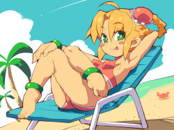 Rule 34 | 1girl, anklet, arm behind head, armpits, barefoot, bikini, blonde hair, blue sky, blush stickers, bracelet, breasts, chair, cloud, cloudy sky, crossed legs, green eyes, jewelry, knees up, looking at viewer, metata, original, outdoors, pink bikini, sitting, sky, small breasts, solo, swimsuit, tongue, tongue out, tree