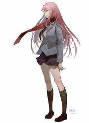 Rule 34 | 1girl, 2021, absurdres, artist name, black skirt, black socks, blazer, darling in the franxx, dated, floating hair, full body, hairband, highres, horns, jacket, kneehighs, kuza brs, loafers, long hair, miniskirt, necktie, open clothes, open jacket, pink hair, pleated skirt, profile, red scarf, scarf, school uniform, shirt, shoes, simple background, skirt, socks, solo, standing, striped necktie, striped neckwear, very long hair, white background, white hairband, white shirt, zero two (darling in the franxx)