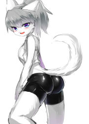 Rule 34 | 1girl, ass, blue eyes, cat, copyright request, furry, furry female, grey hair, highres, open mouth, ponytail, shorts, simple background, solo, suurin (ksyaro)