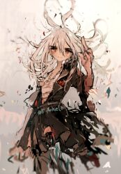 Rule 34 | 1girl, bad id, bad pixiv id, black dress, closed mouth, dress, english text, floating hair, hand up, jewelry, long hair, looking at viewer, necklace, open hand, original, qtonagi, red eyes, solo, white hair