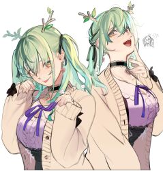 Rule 34 | 2girls, antlers, breasts, ceres fauna, ceres fauna (jirai kei), choker, cleavage, earrings, eus ing, green hair, hair between eyes, heart, heart choker, highres, hololive, hololive english, horns, jewelry, large breasts, long sleeves, looking at viewer, multiple girls, multiple views, open mouth, simple background, teeth, tongue, tongue out, tsukumo sana, twintails, virtual youtuber, white background, yellow eyes