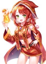 Rule 34 | 1girl, armpits, bad id, bad pixiv id, bare shoulders, blouse, breasts, cape, commentary request, commission, copyright request, detached sleeves, fang, fire, gold trim, green eyes, hair ornament, highres, hood, hood up, maplestory, medium breasts, red cape, red hair, red shirt, red skirt, red sleeves, revealing clothes, shirt, simple background, skin fang, skirt, smile, solo, thighs, white background, wide sleeves, yam (dr yammy)