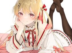 Rule 34 | 1girl, black thighhighs, blonde hair, brown dress, brown sailor collar, closed mouth, dress, fortissimo, frilled jacket, frilled sailor collar, frills, hair between eyes, hair ornament, hair ribbon, hashtag-only commentary, highres, hololive, hololive dev is, jacket, legs up, long sleeves, lying, musical note, musical note hair ornament, neck ribbon, on stomach, one side up, otonose kanade, piano keys, piano print, plaid, plaid dress, red eyes, red ribbon, ribbon, sailor collar, simple background, smile, soles, solo, thighhighs, virtual youtuber, white background, white jacket, zeroperpect